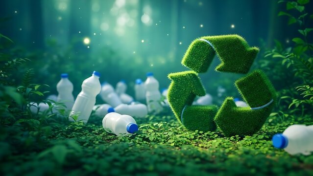 Recycling symbol made of grass with plastic bottles in a natural environment