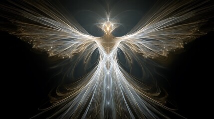 An angelic figure formed from infinite fractal wings, radiant divine light, abstract holy geometry, ultra-realistic fine art, 