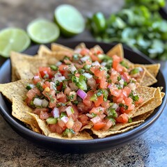 Photo of fresh salsa with tortilla chips, lime wedges, and jalape&ntilde;os for customization