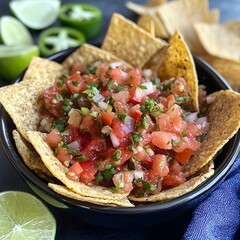 Photo of fresh salsa with tortilla chips, lime wedges, and jalape&ntilde;os for customization