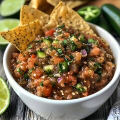 Photo of fresh salsa with tortilla chips, lime wedges, and jalape&ntilde;os for customization