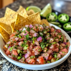 Photo of fresh salsa with tortilla chips, lime wedges, and jalape&ntilde;os for customization