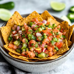 Photo of fresh salsa with tortilla chips, lime wedges, and jalape&ntilde;os for customization