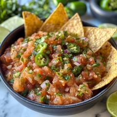 Photo of fresh salsa with tortilla chips, lime wedges, and jalape&ntilde;os for customization