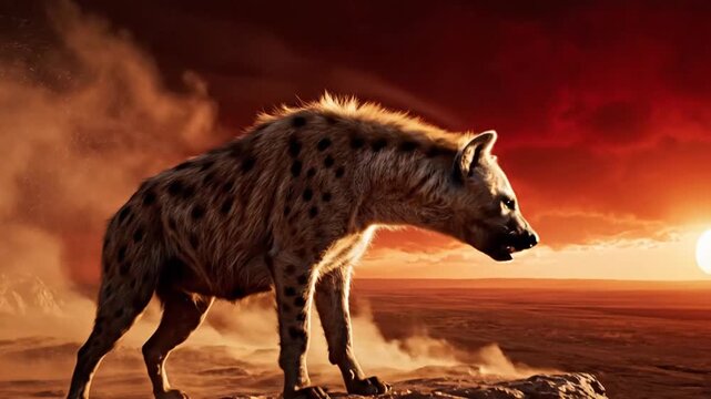 Fierce Hyena Snarls and Surveys its Domain at Dramatic Fiery Sunset