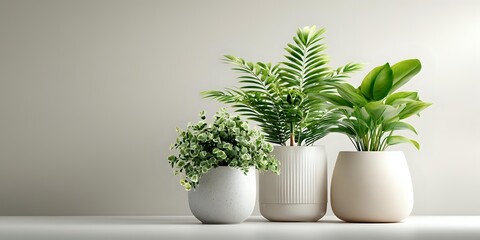 Modern houseplants in stylish ceramic pots arranged on white shelf against neutral wall, creating minimalist home decor with lush greenery.