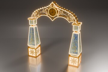 3D Rendered Holiday Arch Portal with Clock and Lights