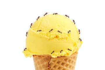 A scoop of yellow ice cream in a waffle cone, playfully adorned with ants, creating a humorous and unexpected twist on a classic summertime treat