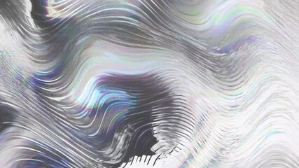 An abstract pattern featuring swirling metallic waves with a reflective surface and rainbow effects.