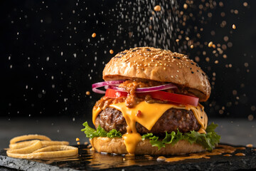 Explosion-Style Burger Portrait,Double-Stack Cheddar Burger