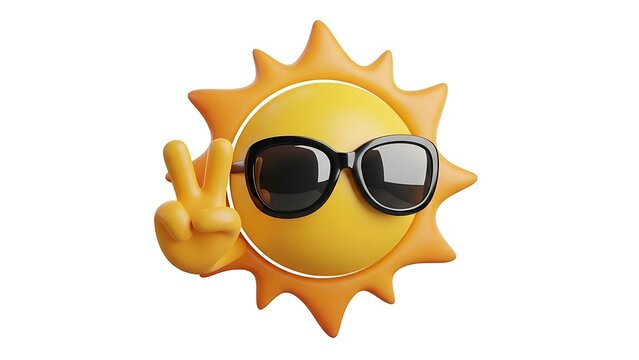 3d rendering of a happy yellow sun character wearing black sunglasses and making a peace sign gesture, isolated on white background - Powered by Adobe