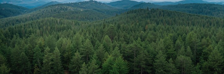 Fototapeta premium Aerial view of dense pine forest emphasizing lush greenery, suitable for nature preservation awareness