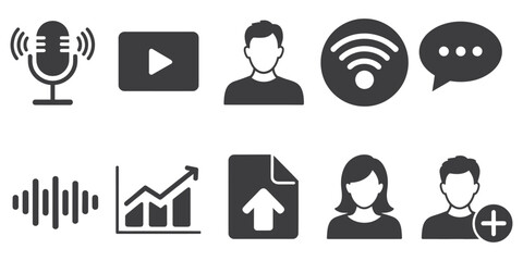 Podcast and social media solid icon set, essential communication and networking symbols including microphones, chat bubbles, social platforms