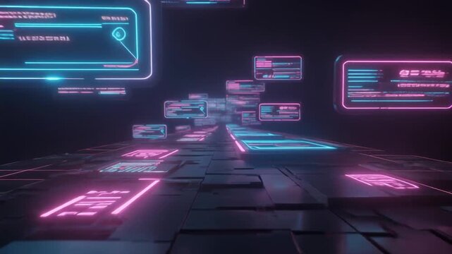 Futuristic Digital Interface with Neon Glow and Abstract Data Flow in a Dark Environment.
