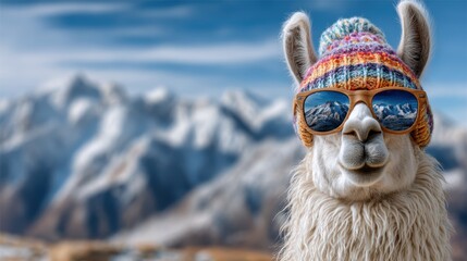 Fototapeta premium A whimsical llama is portrayed wearing a vibrant knitted hat and sunglasses, set against a stunning mountainous backdrop, highlighting humor and playful personality in nature's beauty.