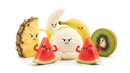 Funny group of angry cartoon fruit and ice cream characters flexing muscles isolated on white background