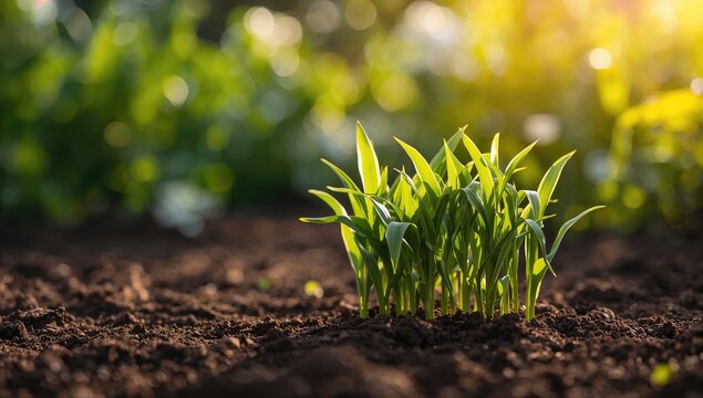Young corn seedlings sprouting in a family garden, emphasizing growth and cultivation practices