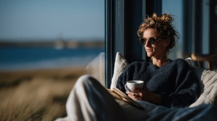A serene woman savors coffee while lounging by a window overlooking a beautiful seaside view, radiating tranquility and enjoyment in a relaxed environment.