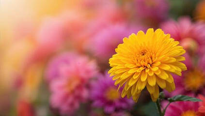 Close-up of vibrant yellow chrysanthemum flowers in a colorful garden, emphasizing floral diversity and seasonal bloom