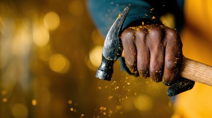 A close-up shot of a muscular hand gripping a hammer surrounded by flying sparks, showcasing the powerful energy and artistry of craftsmanship in action.