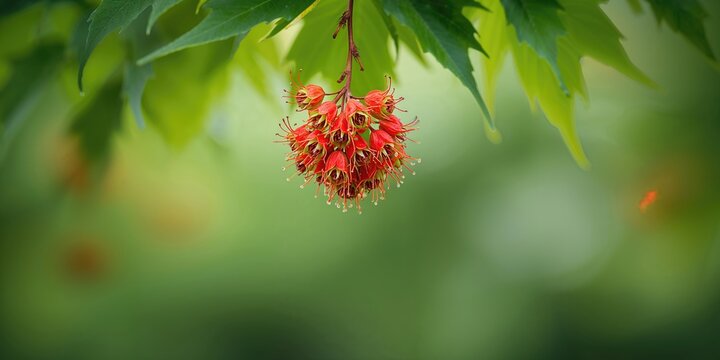 Red and green winged maple fruits and seeds, focused on seed dispersal process, seasonal change