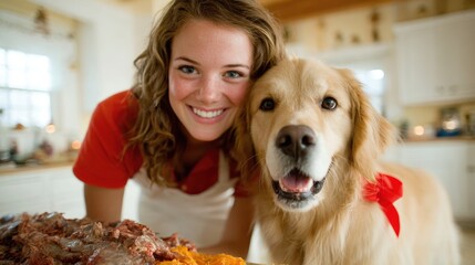 A smiling young woman poses with her golden retriever beside a delicious spread of home-cooked meals, capturing a heartwarming moment between pets and their owners.
