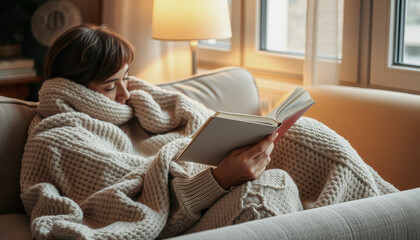 A woman, wrapped in a cozy white blanket, reads a book on a beige couch in a warmly lit living room.