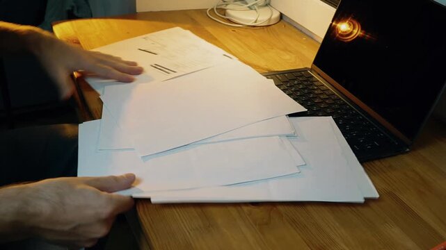Close-up hands organizing stacking and flipping through blank and written paper sheets on wooden desk next to laptop tidying workspace home office evening warm light