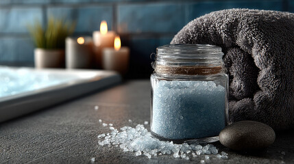 A jar of bath salts and a stack of towels lie on the edge of a bathtub, stylish bathroom, spa, self-care, skin care, cosmetics, Dead Sea salt, magnesium salt
