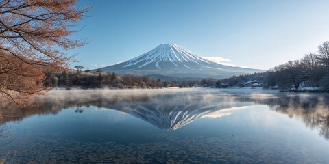 Water and mountain landscape in winter at Fuji near Oshino village, serving as a serene natural background, Earth Day