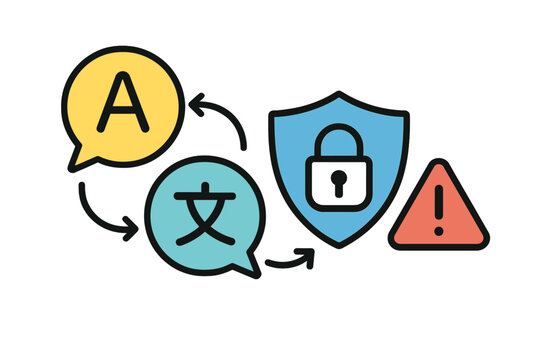 Language translation security concept showing data flow, shield protection, and warning sign