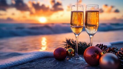Two flutes of bubbly champagne set amidst festive Christmas decorations on a sun kissed beach, reveling in the holiday spirit as the vibrant ocean sunset casts a cozy and merry vacation vibe