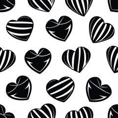 Black and white seamless vector pattern with vintage heart silhouette decoration for love and Valentine's Day wallpaper design