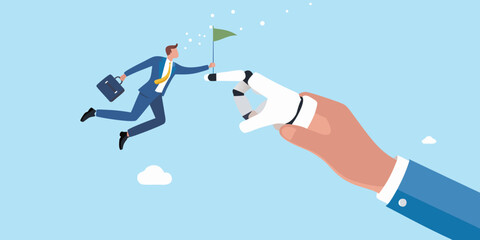 Businessman reaching goal with robotic assistance in the sky