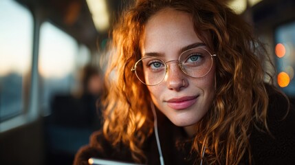 A young woman sits on a train, with thoughtful eyes and a warm smile, embracing the journey while captivated by the passing scenery and soft sunlight streaming in.