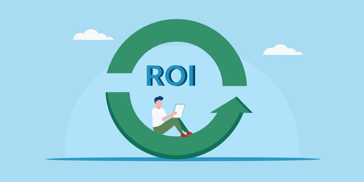 Return on investment concept man on roi arrow with tablet