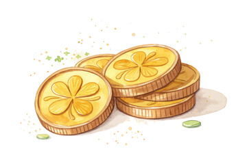 Lucky Gold Coins Watercolor Element Vector Illustration, Chinese Prosperity Symbol Art Isolated on White Background