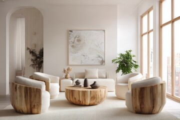 Bright minimalist living room with cozy boucle chairs, rustic wooden furniture and neutral tones in natural daylight.