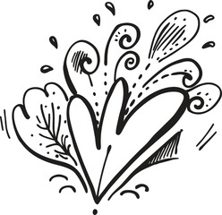 Black and white vintage vector abstract floral pattern background illustration with heart shape and leaf decoration element set