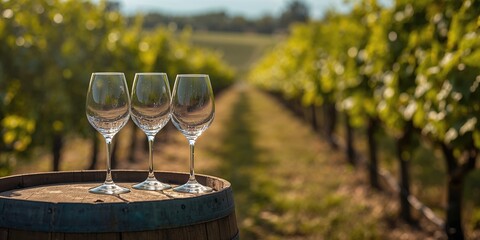 Naklejka premium Wine glasses placed on a vineyard barrel, suitable for wine tasting setup