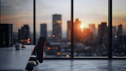 Modern Office with Floor-to-Ceiling Windows, City Skyline and Sunset, Business Workspace Corporate Banner Background Design