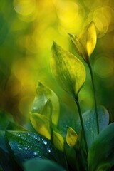 Dew Drops On Yellow Green Leaves In Soft Light