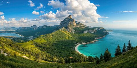 Ai-Petri peak in the Crimean Mountains sky during summer, surrounded by grass and forest, ideal for outdoor travel and nature exploration