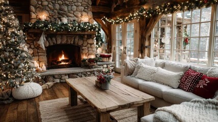 Cozy rustic living room adorned with a shimmering Christmas tree, charming stone fireplace, and twinkling lights, setting a cozy and welcoming ambiance perfect for a festive winter gathering