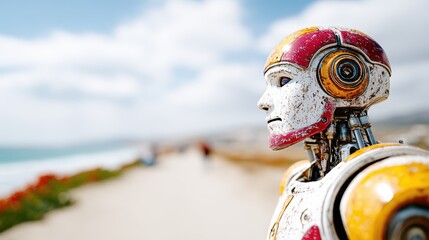 A striking robotic figure stands thoughtfully by the beach, gazing at the horizon, with soft focus on humans enjoying the seaside in the background under a vibrant sky.