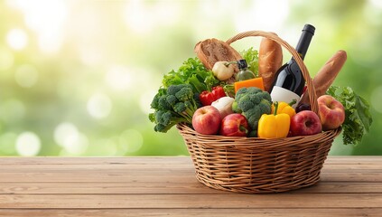 Wicker basket filled with fresh fruits and vegetables, suitable for grocery shopping, World Food Day