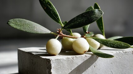 Elegant Display Of White Berries With Green Leaves On Concrete Block