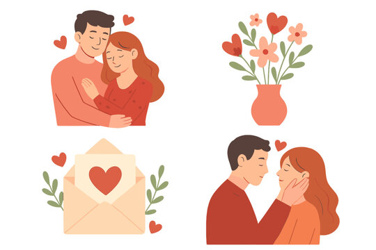 Romantic collection featuring affectionate couples, heart flowers, and a sweet love letter envelope
