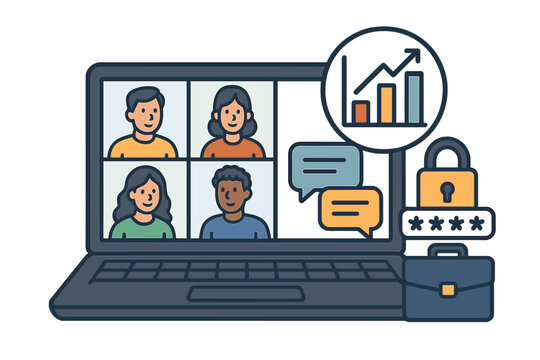 Remote team video conference meeting with business growth, security, and communication icons