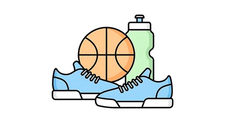 blue sneakers, orange basketball, green water bottle, athletic equipment, icons, illustration, for website, for app, for social media